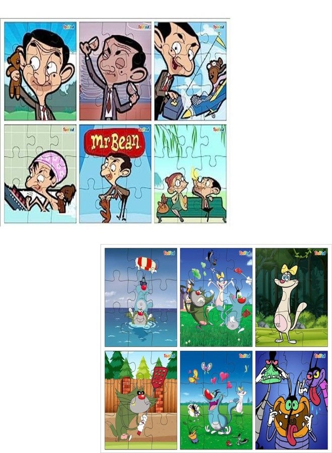 TodFod Wooden Jigsaw Puzzles Toy 54 Pieces 6 in 1, Anime Cartoon Characters Jigsaw Puzzles Educational Toy for Age 3+ Kids & Children Preschool Learning Toy Puzzle (Set of 2) (Mr. Bean & Oggy) - Image 1
